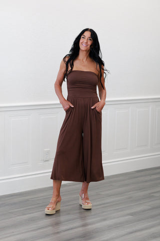 Tube Top Cropped Jumpsuit in Brown