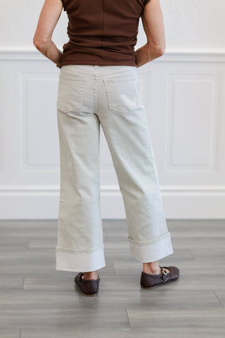White Pinstripe Wide Leg Cuffed Pants
