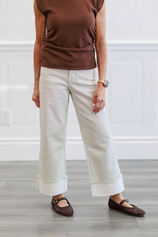 White Pinstripe Wide Leg Cuffed Pants