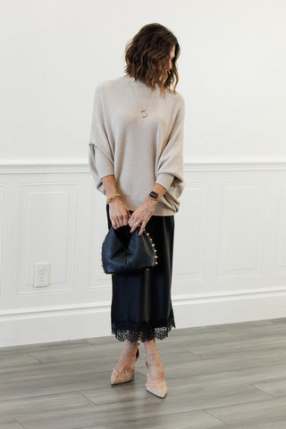 MILIO MILANO Ribbed Cuff & Hem Asymmetrical Sweater in Earth Beige