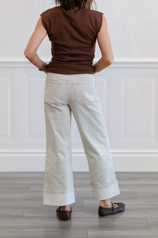 White Pinstripe Wide Leg Cuffed Pants