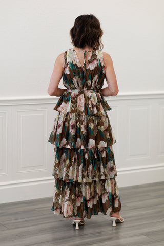 Floral Textured Tiered Maxi Lined Sleeveless Dress