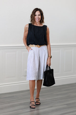 100% Linen Wide Leg Bermuda Shorts in Ivory/Black Pinstripe