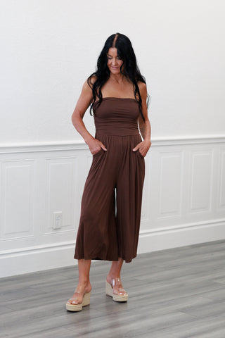 Tube Top Cropped Jumpsuit in Brown