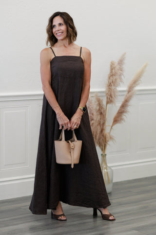 Chocolate Linen Spaghetti Strap Maxi Dress