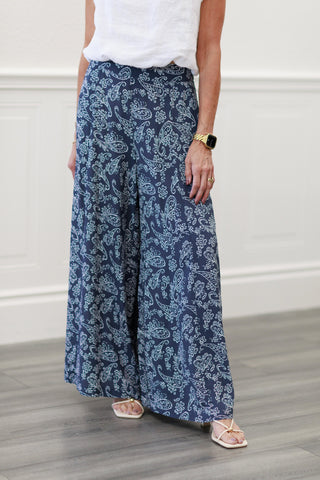 Paisley Floral Wide Leg Pants in Indigo