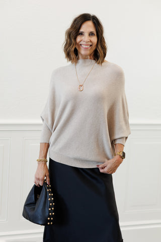 MILIO MILANO Ribbed Cuff & Hem Asymmetrical Sweater in Earth Beige