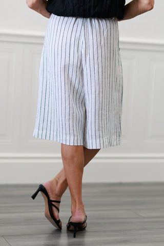 100% Linen Wide Leg Bermuda Shorts in Ivory/Black Pinstripe
