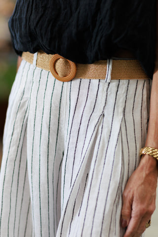 100% Linen Wide Leg Bermuda Shorts in Ivory/Black Pinstripe