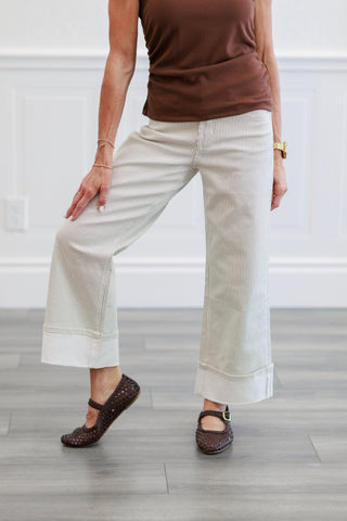 White Pinstripe Wide Leg Cuffed Pants