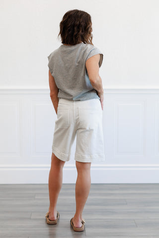Stretch Denim Mid Thigh Mom Short in White Denim