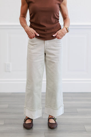 White Pinstripe Wide Leg Cuffed Pants