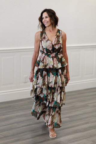 Floral Textured Tiered Maxi Lined Sleeveless Dress