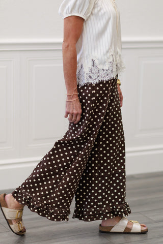 Polka Dot Mid Rise Wide Leg Jeans With Ruffled Hem