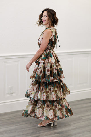 Floral Textured Tiered Maxi Lined Sleeveless Dress