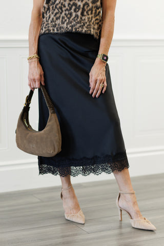Satin Lace Hem Back Slit Pencil Midi Skirt in Black