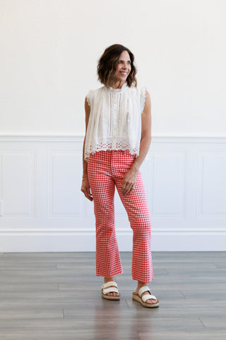 High Rise Tonal Crop Flare Jeans in Red Gingham