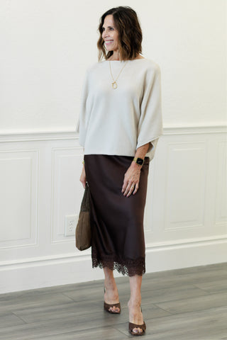 Satin Lace Hem Back Slit Pencil Midi Skirt in Brown