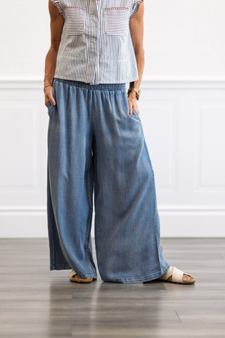Smocked Waist Wide Leg Chambray Pants in Dark Denim