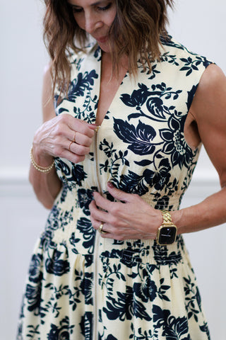Floral Print Smocked Waist Midi Dress in Navy