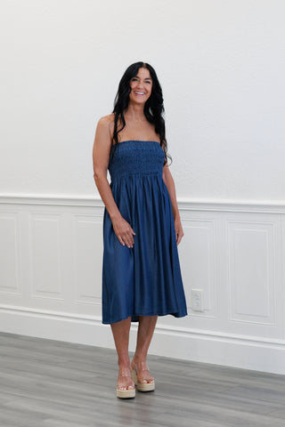 Smocked-Waist Midi Skirt in Dark Denim