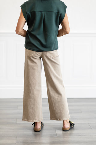 High Rise Taupe Drawstring Crop Wide Leg Jeans