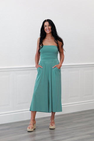 Tube Top Cropped Jumpsuit in Dusty Teal