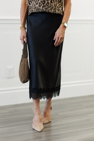 Satin Lace Hem Back Slit Pencil Midi Skirt in Black
