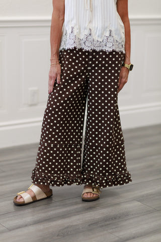Polka Dot Mid Rise Wide Leg Jeans With Ruffled Hem