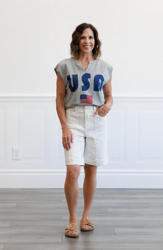 Stretch Denim Mid Thigh Mom Short in White Denim