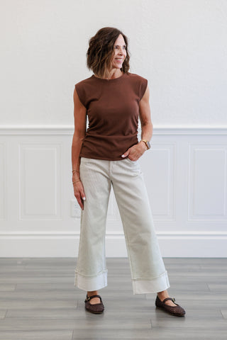 White Pinstripe Wide Leg Cuffed Pants