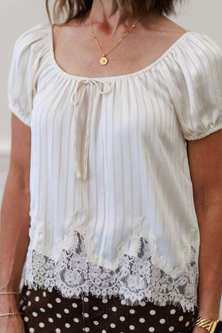 Pinstripe Front Tie Lace Hem Puff Sleeve Top