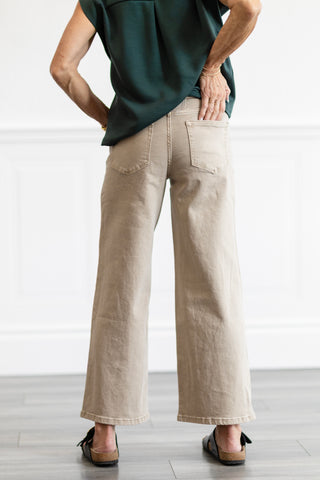 High Rise Taupe Drawstring Crop Wide Leg Jeans