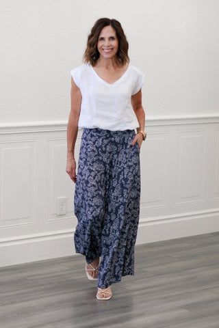 Paisley Floral Wide Leg Pants in Indigo