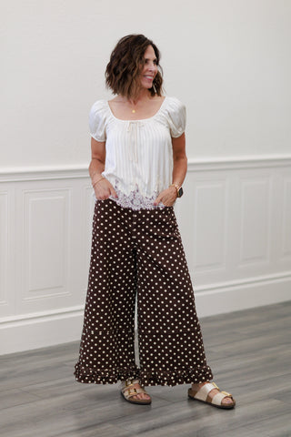 Pinstripe Front Tie Lace Hem Puff Sleeve Top