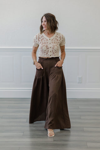 Brown Crinkle Gauze Ruffle Trim Maxi Skirt
