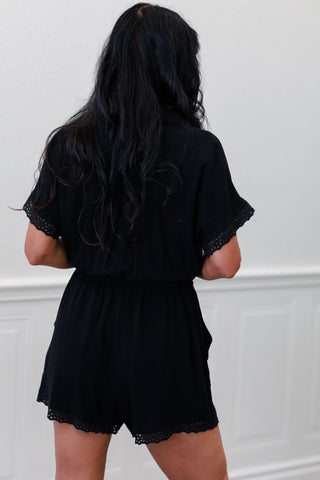 Button-Up Front Tie Lace Trim Romper in Black