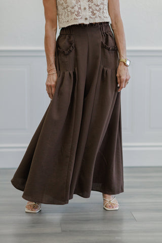 Brown Crinkle Gauze Ruffle Trim Maxi Skirt