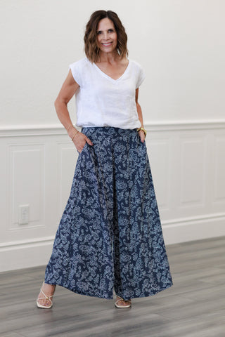 Paisley Floral Wide Leg Pants in Indigo