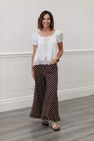 Polka Dot Mid Rise Wide Leg Jeans With Ruffled Hem