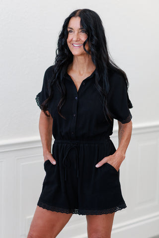 Button-Up Front Tie Lace Trim Romper in Black