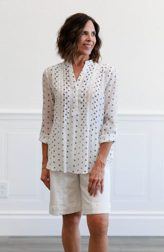 Button Front Tissue Faille Roll Tab Blouse