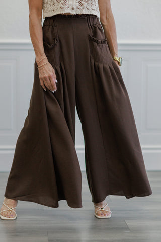 Brown Crinkle Gauze Ruffle Trim Maxi Skirt