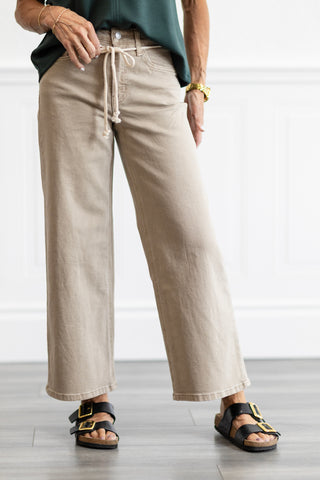High Rise Taupe Drawstring Crop Wide Leg Jeans