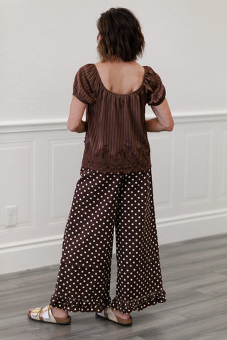 Polka Dot Mid Rise Wide Leg Jeans With Ruffled Hem