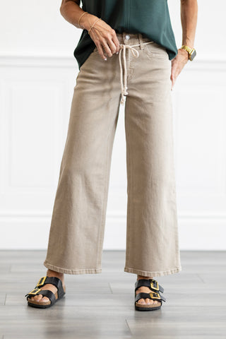 High Rise Taupe Drawstring Crop Wide Leg Jeans