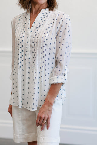 Button Front Tissue Faille Roll Tab Blouse