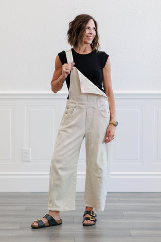 Oatmeal Pinstripe Wide Leg Overalls