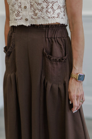 Brown Crinkle Gauze Ruffle Trim Maxi Skirt