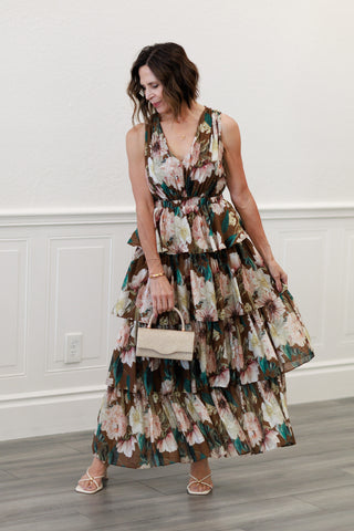 Floral Textured Tiered Maxi Lined Sleeveless Dress